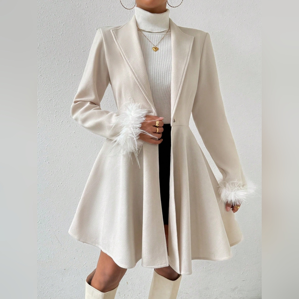 Solid Color Coat With Fringed Cuff And Single Button Closure - Picture 3 of 6